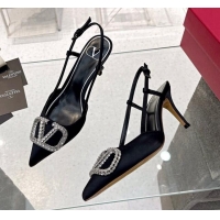 Charming Valentino Crystal VLogo Silk Slingback Pumps 7.5cm Black/Silver 101217