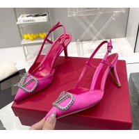 Good Looking Valentino Crystal VLogo Silk Slingback Pumps 7.5cm Dark Pink 101218