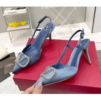 Unique Style Valentino Crystal VLogo Silk Slingback Pumps 7.5cm Denim Blue 101219