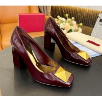 Top Grade Valentino Roman Stud Patent Leather Medium Heel Pumps 6cm Burgundy 2110307