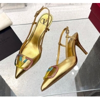 Low Price Valentino VLogo Signature Calfskin Slingback Pump with Multicolor Crystal 8cm Heel Gold 103067