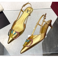 Good Looking Valentino VLogo Signature Calfskin Slingback Pump with Multicolor Crystal 4cm Heel Gold 103068