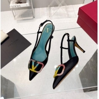 Good Product Valentino VLogo Signature Calfskin Slingback Pump with Multicolor Crystal 8cm Heel Black 1103071