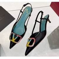 Best Grade Valentino VLogo Signature Calfskin Slingback Pump with Multicolor Crystal 4cm Heel Black 1103070