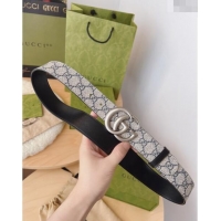 Top Quality Gucci GG Canvas Belt 3.7cm with GG Buckle 033072 Beige/Blue/Silver