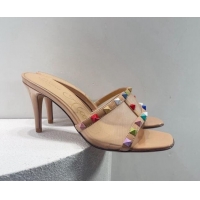 Most Popular Valentino Roman Stud Patent Leather and Mesh Heel Slide Sandals 8cm Beige/Multicolor 112903