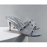 Good Looking Valentino Roman Stud Patent Leather and Mesh Heel Slide Sandals 8cm Bright Silver 2112907