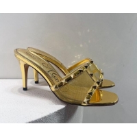 Good Quality Valentino Roman Stud Patent Leather and Mesh Heel Slide Sandals 8cm Gold 112908