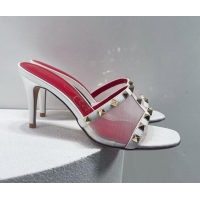 Top Design Valentino Roman Stud Patent Leather and Mesh Heel Slide Sandals 8cm White 112909