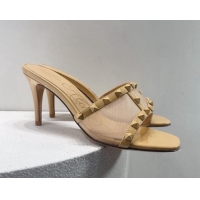 Charming Valentino Roman Stud Patent Leather and Mesh Heel Slide Sandals 8cm All Beige 112911