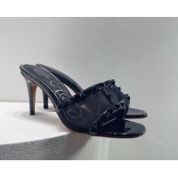 Stylish Valentino Roman Stud Patent Leather and Mesh Heel Slide Sandals 8cm All Black 112912