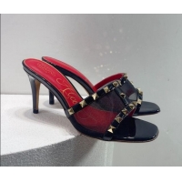 Good Looking Valentino Roman Stud Patent Leather and Mesh Heel Slide Sandals 8cm Black/Gold 112913