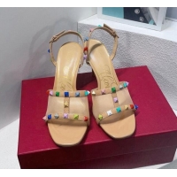 Purchase Valentino Roman Stud Patent Leather and Mesh Slide Sandals 8cm Beige/Multicolor 112914