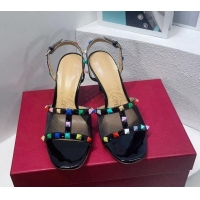 Unique Style Valentino Roman Stud Patent Leather and Mesh Slide Sandals 8cm Black/Multicolor 112915