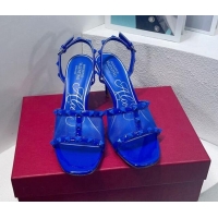 Pretty Style Valentino Roman Stud Patent Leather and Mesh Slide Sandals 8cm Sky Blue 112919