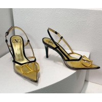 Lowest Price Valentino VLogo Patent Leather and PVC Slingback Pumps 8cm Black/Gold 112927