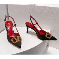 Sophisticated Valentino VLogo Silk Slingback Pumps 8cm Black/Red 112939