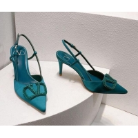 Classic Hot Valentino VLogo Silk Slingback Pumps 8cm Peacock Green 