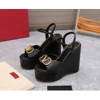 Good Product Valentino VLogo Calfskin Platform Wedge Sandals 13cm Black 112954