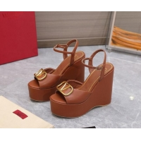 Shop Duplicate Valentino VLogo Calfskin Platform Wedge Sandals 13cm Brown 112955