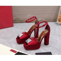 Pretty Style Valentino One Stud Silk High Heel Platform Sandals 13cm with Crystal Red 112964