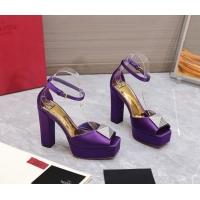 Luxury Valentino One Stud Silk High Heel Platform Sandals 13cm with Crystal Purple 112965