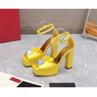 Good Quality Valentino One Stud Silk High Heel Platform Sandals 13cm with Crystal Yellow 2112967