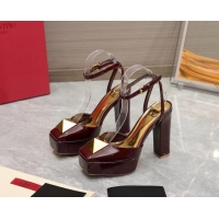 Sophisticated Valentino One Stud Patent Leather High Heel Platform Open Pumps 13cm Burgundy 112969