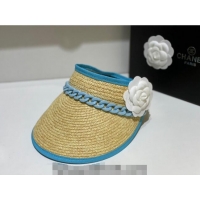 New Design Chanel Visor Straw Hat wit Chain and Camellia Bloom C1624 Blue 2023