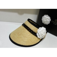 Pretty Style Chanel Visor Straw Hat wit Chain and Camellia Bloom C1624 Black 2023