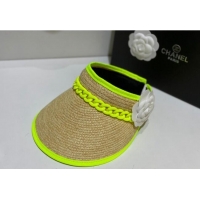 Well Crafted Chanel Visor Straw Hat wit Chain and Camellia Bloom C1624 Neon Green 2023