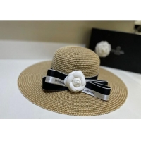 Noble Useful Chanel Wide Brim Straw hat with Camellia Bloom C0216 Khaki 2023