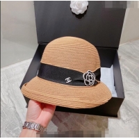 Luxury Cheap Chanel Bucket Straw Hat 021637 Khaki 2023