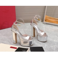 Best Price Valentino Metallic Leather High Heel Platform Sandals 15.5cm Silver 112974