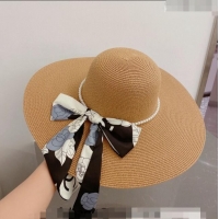 Most Popular Chanel Straw Wide Brim Hat with Pearls Band 0307 Khaki 2023