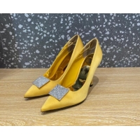 Classic Hot Valentino One Stud Silk High Heel Pumps 10cm with Crystal Yellow 112990