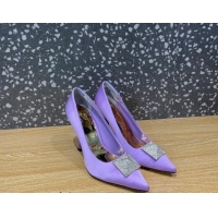 Best Grade Valentino One Stud Silk High Heel Pumps 10cm with Crystal Purple 112993