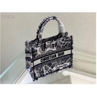 Buy Cheap SMALL DIOR BOOK TOTE Black and White Plan de Paris Embroidery M1265ZC