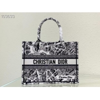 Top Quality MEDIUM DIOR BOOK TOTE White and Black Plan de Paris Embroidery M1296ZOM