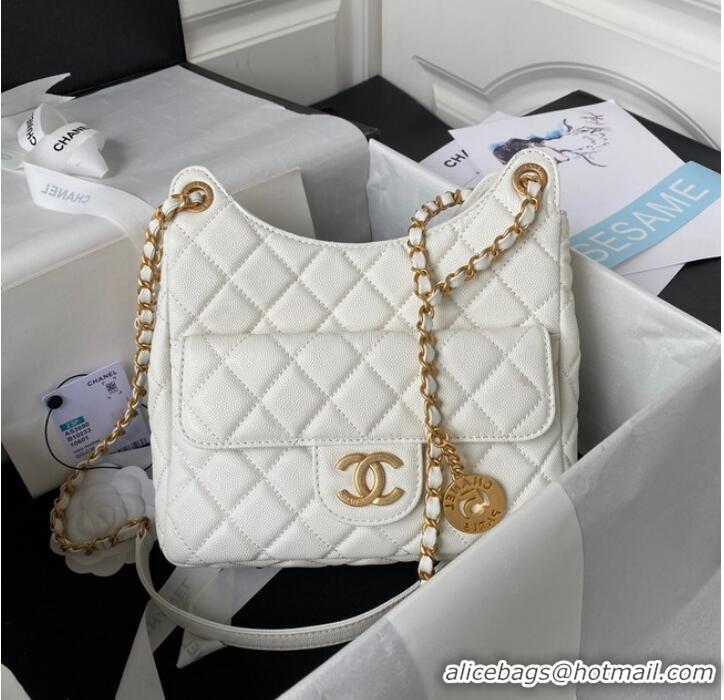 Promotional Chanel HOBO HANDBAG Grained Shiny Calfskin & Gold-Tone Metal AS3690 WHITE