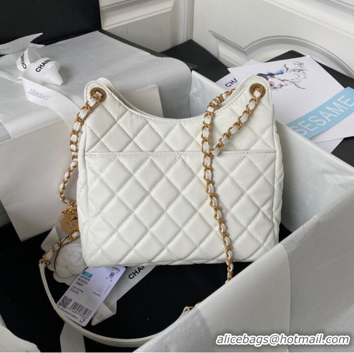 Promotional Chanel HOBO HANDBAG Grained Shiny Calfskin & Gold-Tone Metal AS3690 WHITE