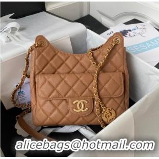 Elegant Chanel HOBO HANDBAG Grained Shiny Calfskin & Gold-Tone Metal AS3690 BROWN