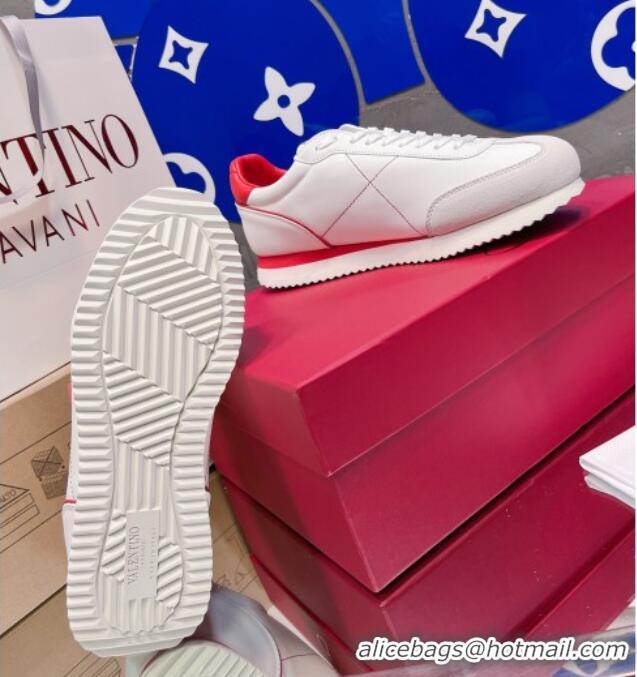 Best Grade Valentino One Stud Sneakers in Silk Calfskin and Suede White/Red 120330