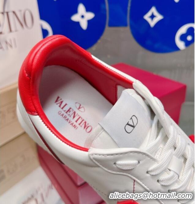 Best Grade Valentino One Stud Sneakers in Silk Calfskin and Suede White/Red 120330