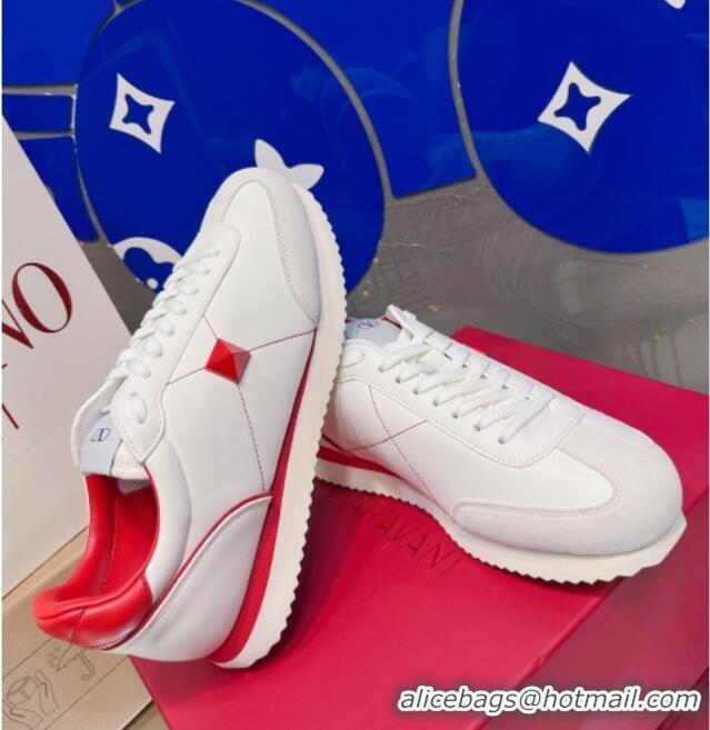 Best Grade Valentino One Stud Sneakers in Silk Calfskin and Suede White/Red 120330