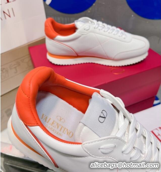 Sumptuous Valentino One Stud Sneakers in Silk Calfskin and Suede White/Orange 2120331