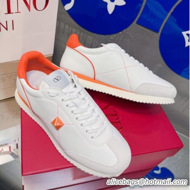 Sumptuous Valentino One Stud Sneakers in Silk Calfskin and Suede White/Orange 2120331