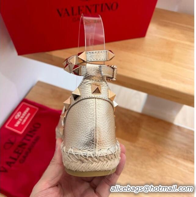 Top Design Valentino Rockstud Lambskin Flat Espadrilles Gold 2122474