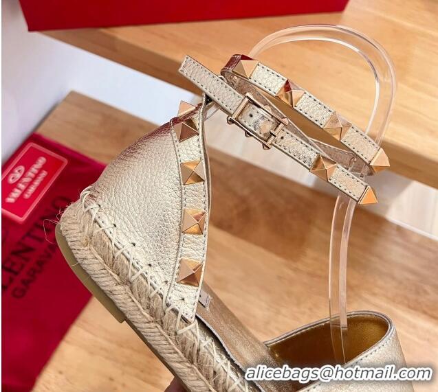 Top Design Valentino Rockstud Lambskin Flat Espadrilles Gold 2122474