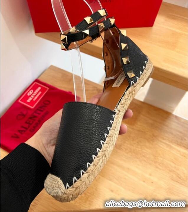 Low Cost Valentino Rockstud Lambskin Flat Espadrilles Black 122476